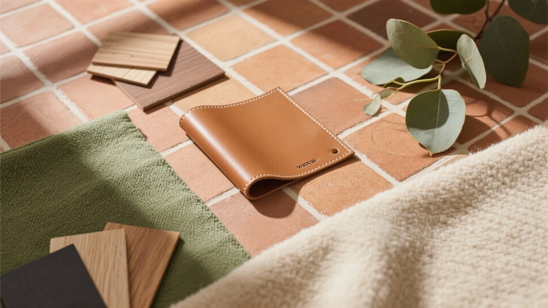 Flat lay of earthy tones and textures complementing a tan sofa