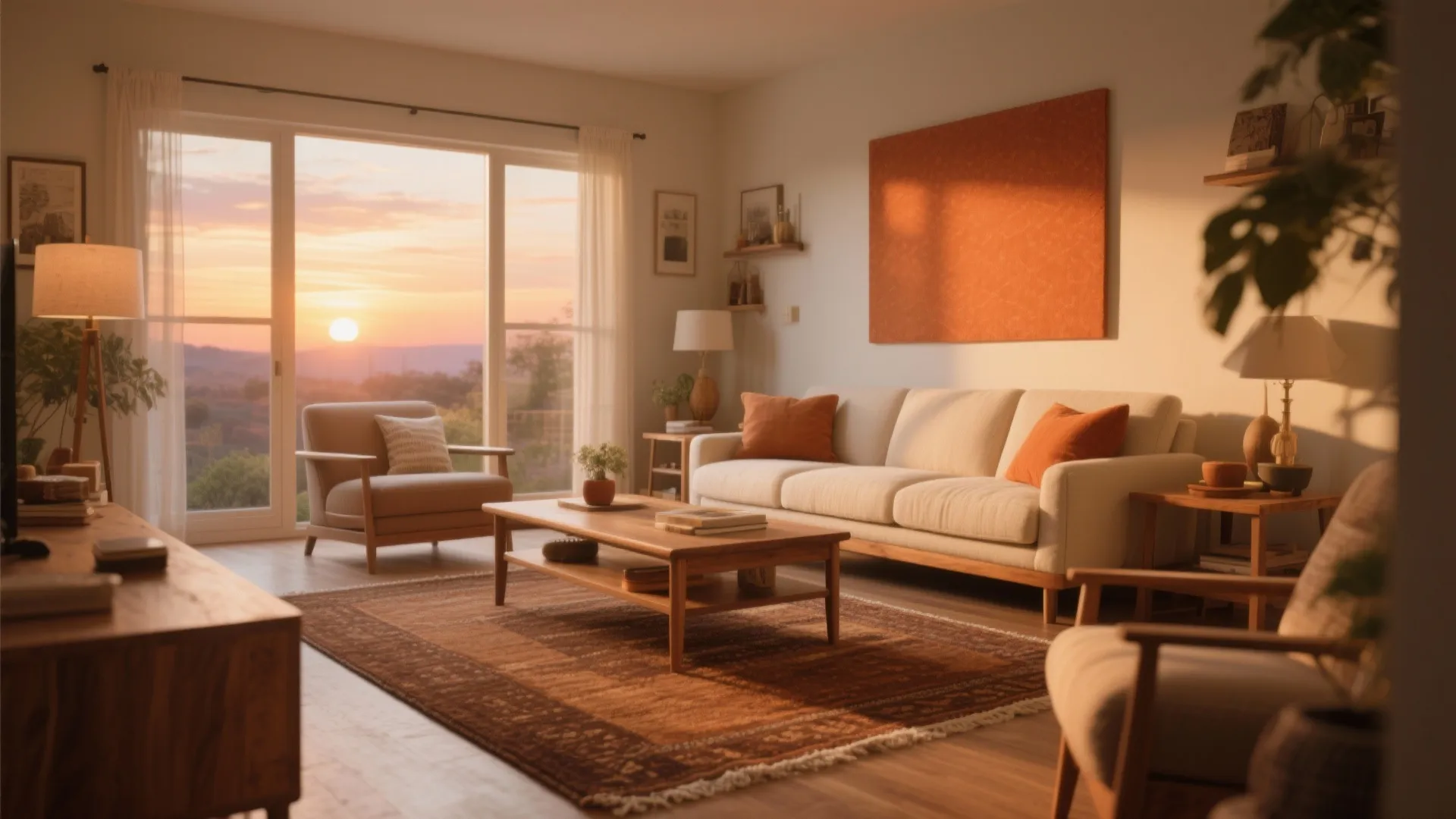 Warm living room with earthy-toned rug and wooden accents