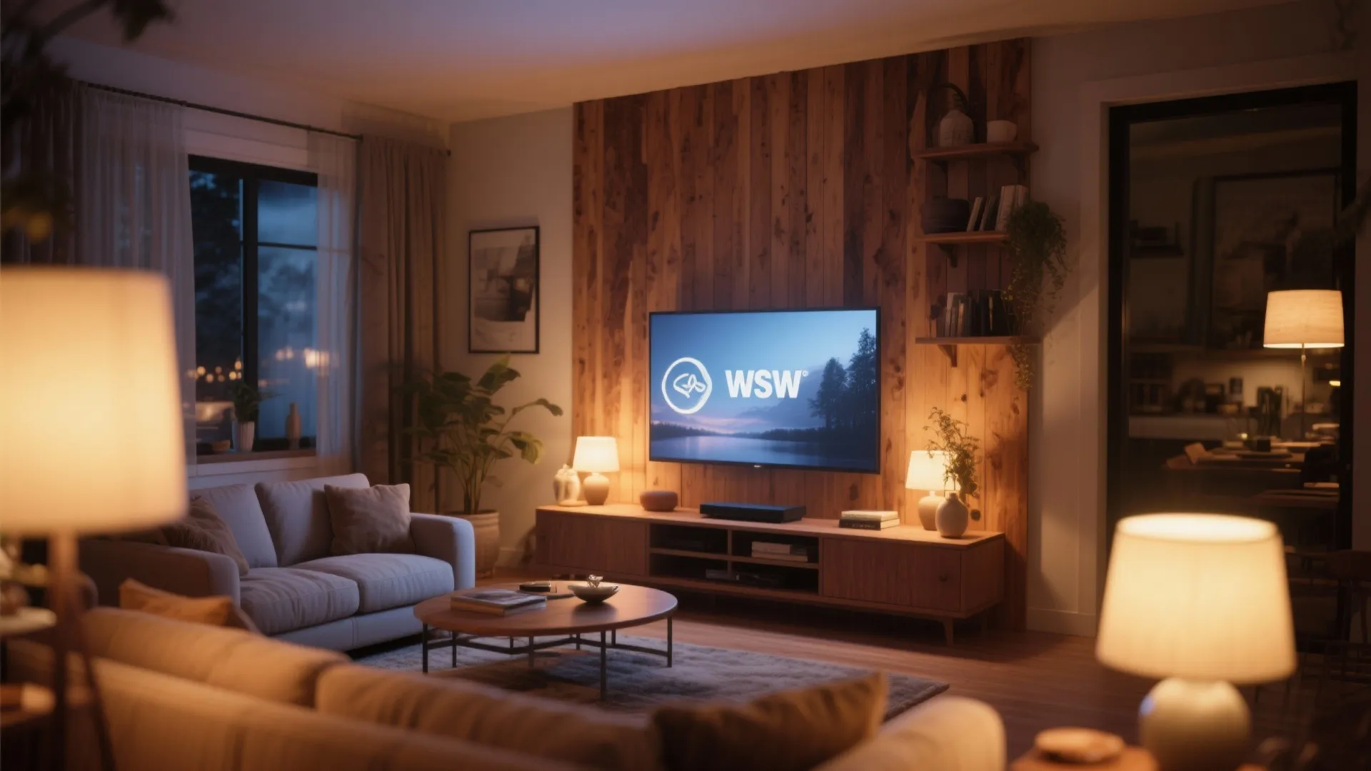 Cozy living room with warm lighting wood wall panel behind television sofa and round table