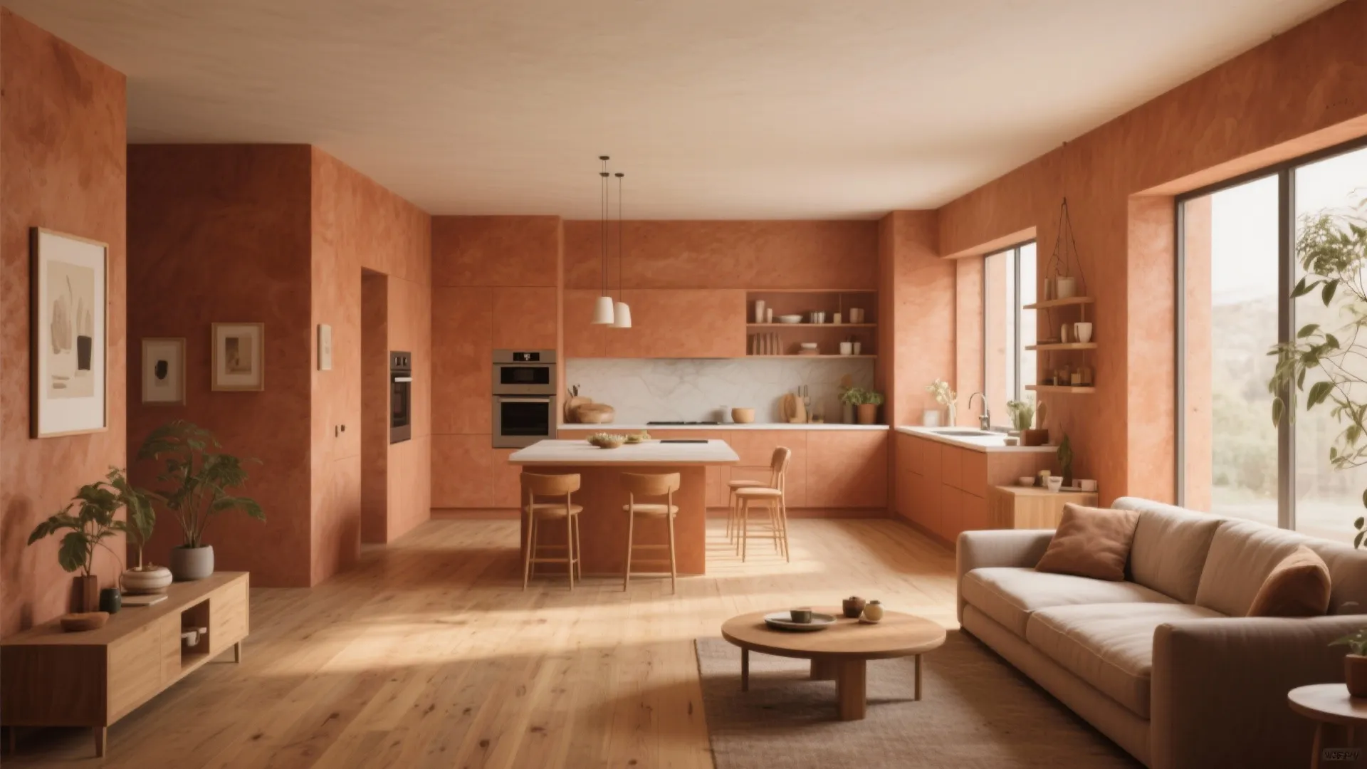 Terracotta walls and wood floors for warmth in open-plan room