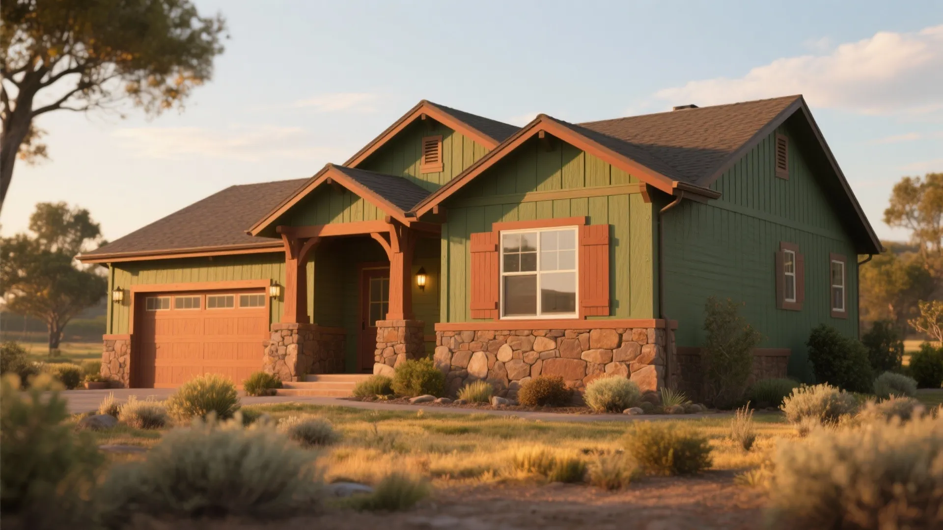 Green ranch house with orange wood window shutters plus a stone base and matching garage