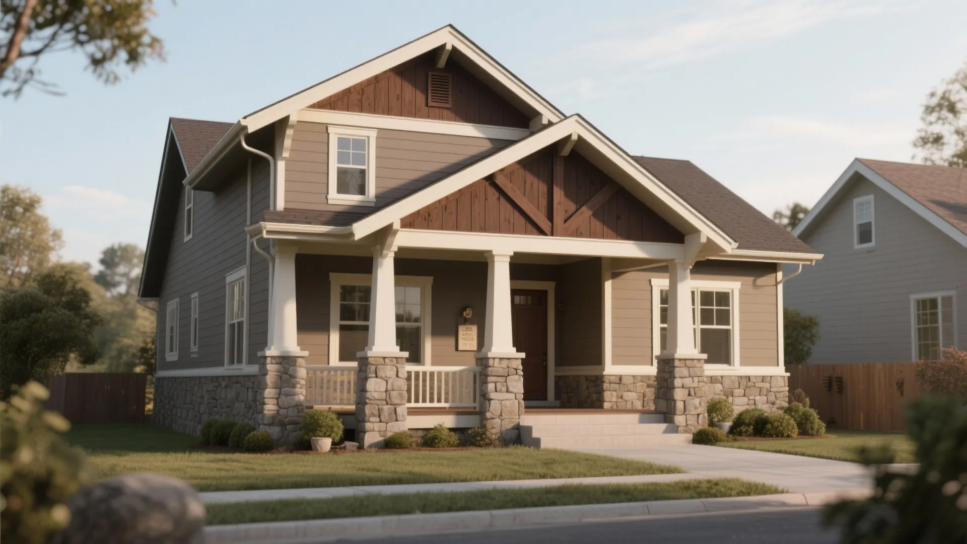 Modern craft house with brown wood trim stone porch pillars white window frames and green lawn