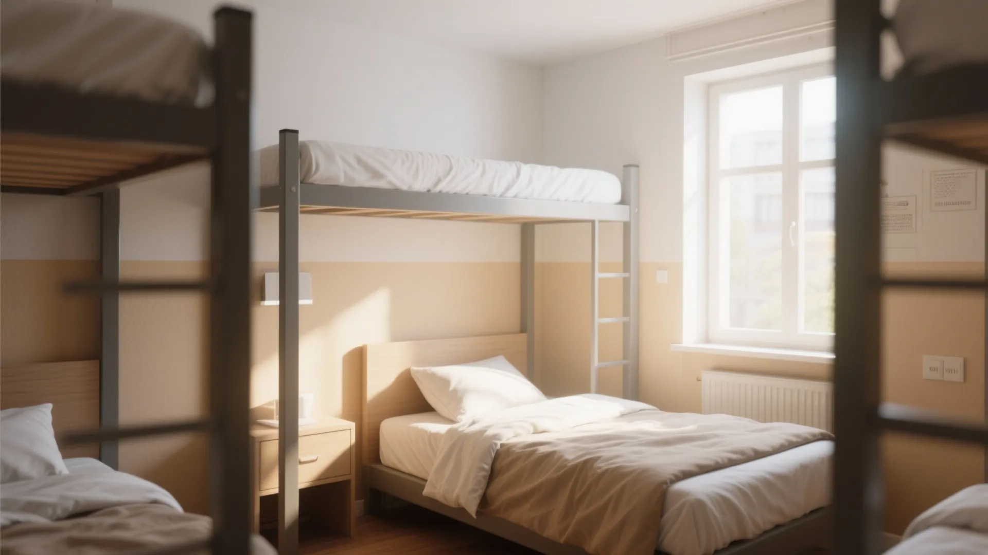 Hostel room interior design with metal bunk beds and yellow two tone painted wall finish