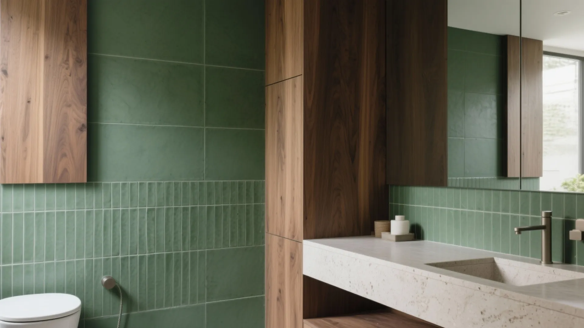 Modern bathroom with green wall tiles dark wood cabinet marble counter white sink and wall light
