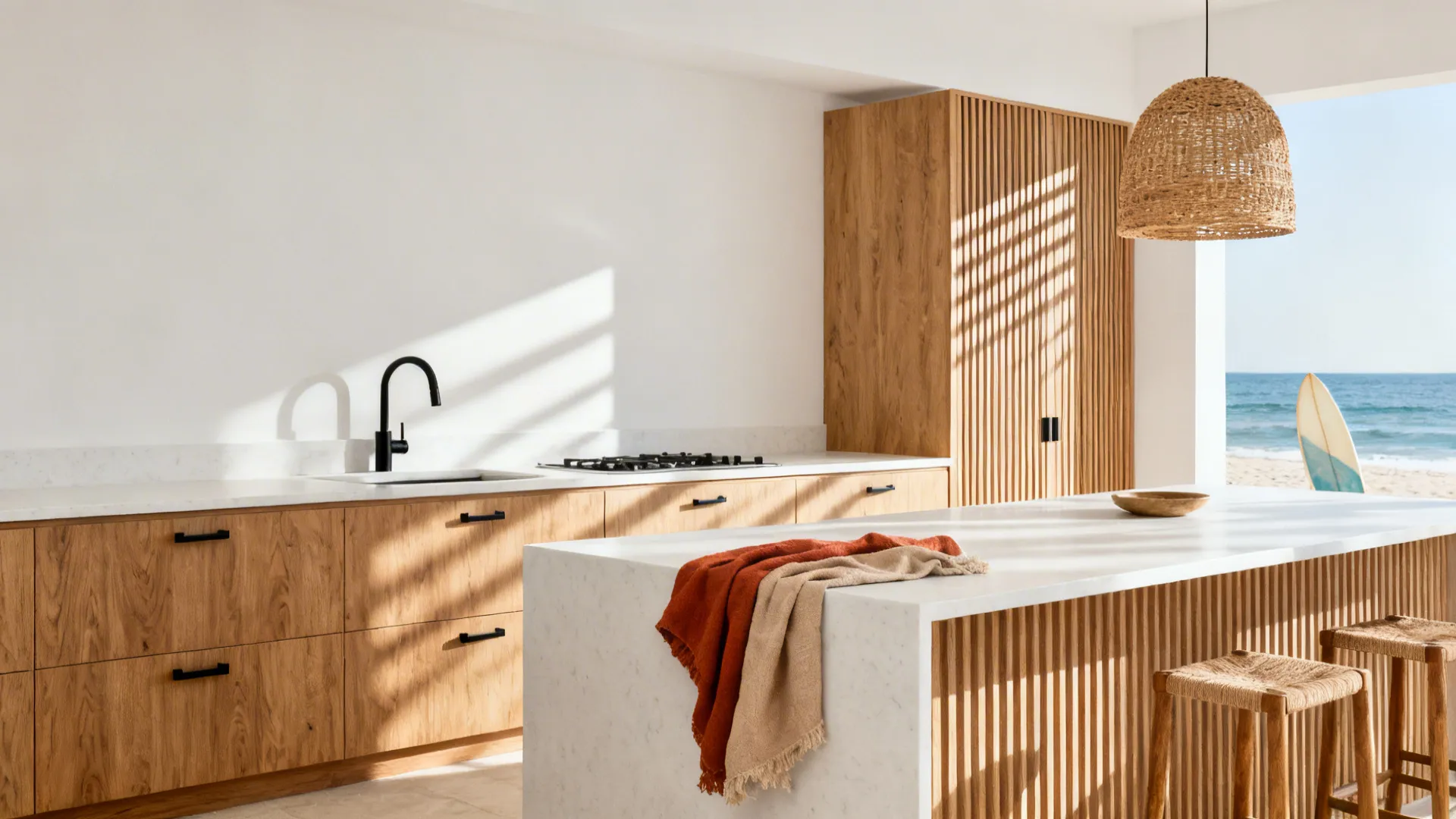 White walls with warm oak cabinetry and soft-white counters in a calm coastal kitchen.