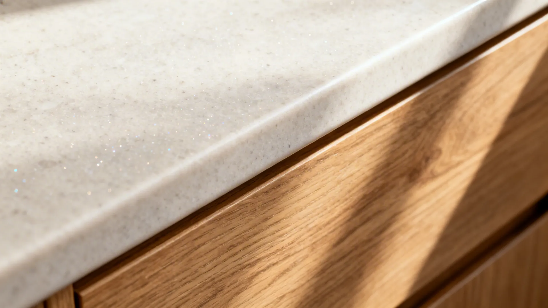 Close-up of an eased-edge pale quartz top over a rift oak drawer front.