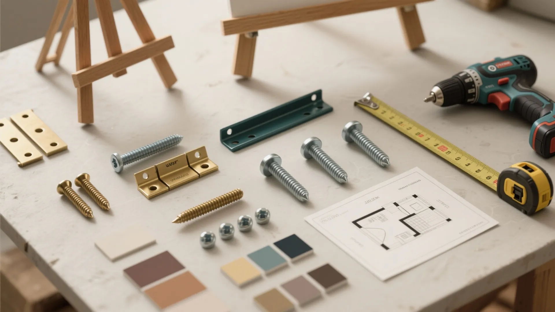 Table with drill measuring tape screws floor plan and color samples for home interior design