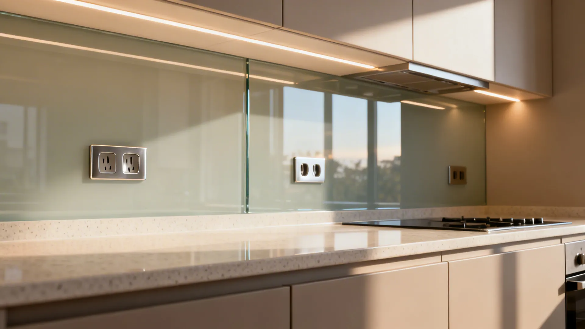 Macro detail of satin glass backsplash and pale quartz on an East-facing cook line with warm LEDs.