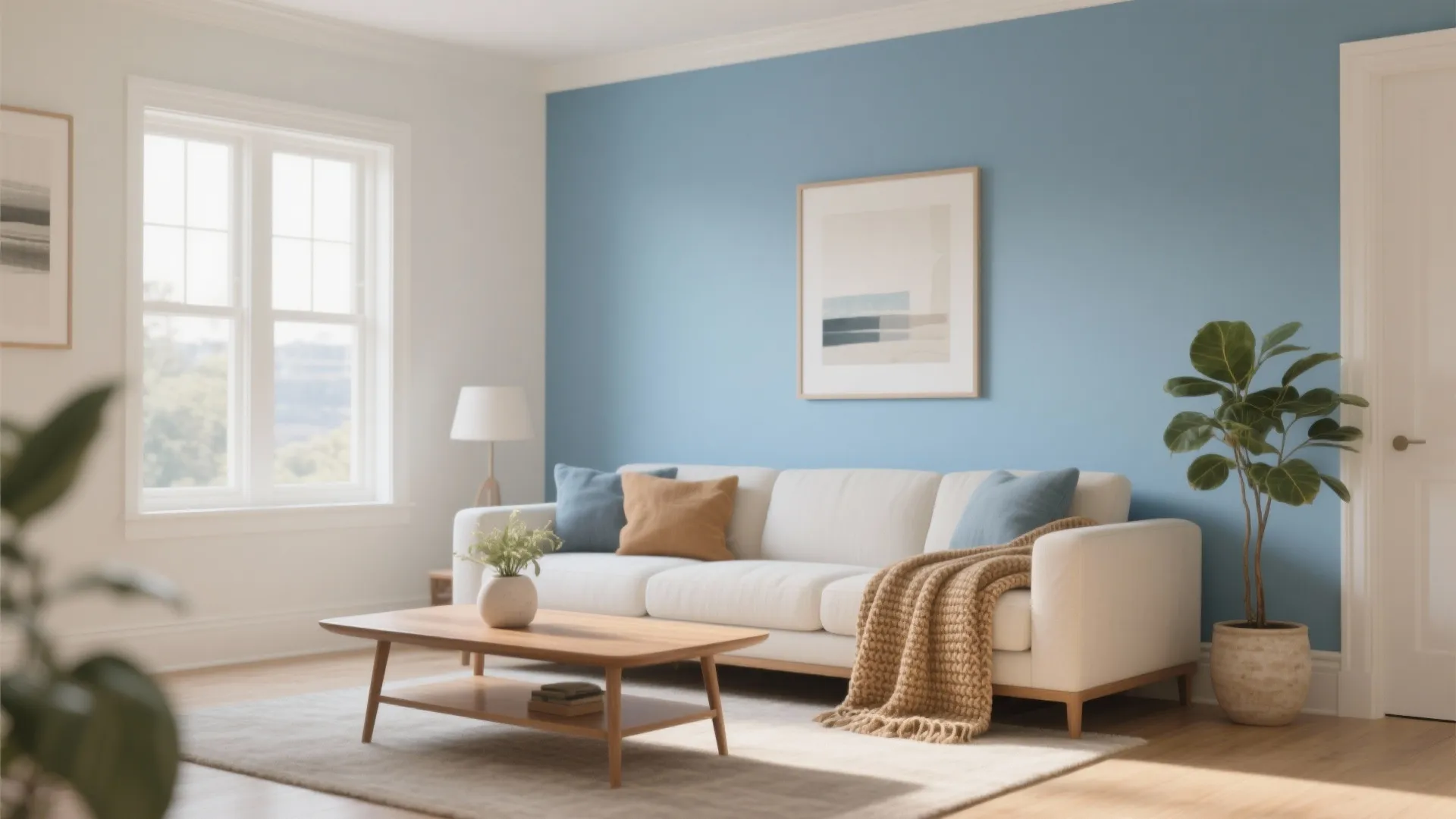 Bright living room with blue accent wall white sofa wooden coffee table and indoor plants