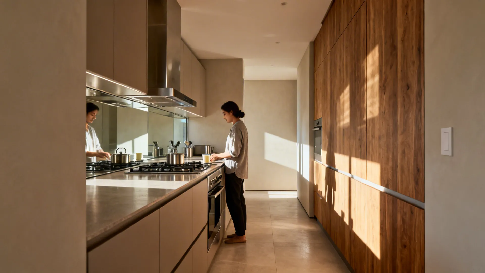 Kitchen layout with an east-facing cooktop, clear aisle space, and a mirrored backsplash catching daylight.