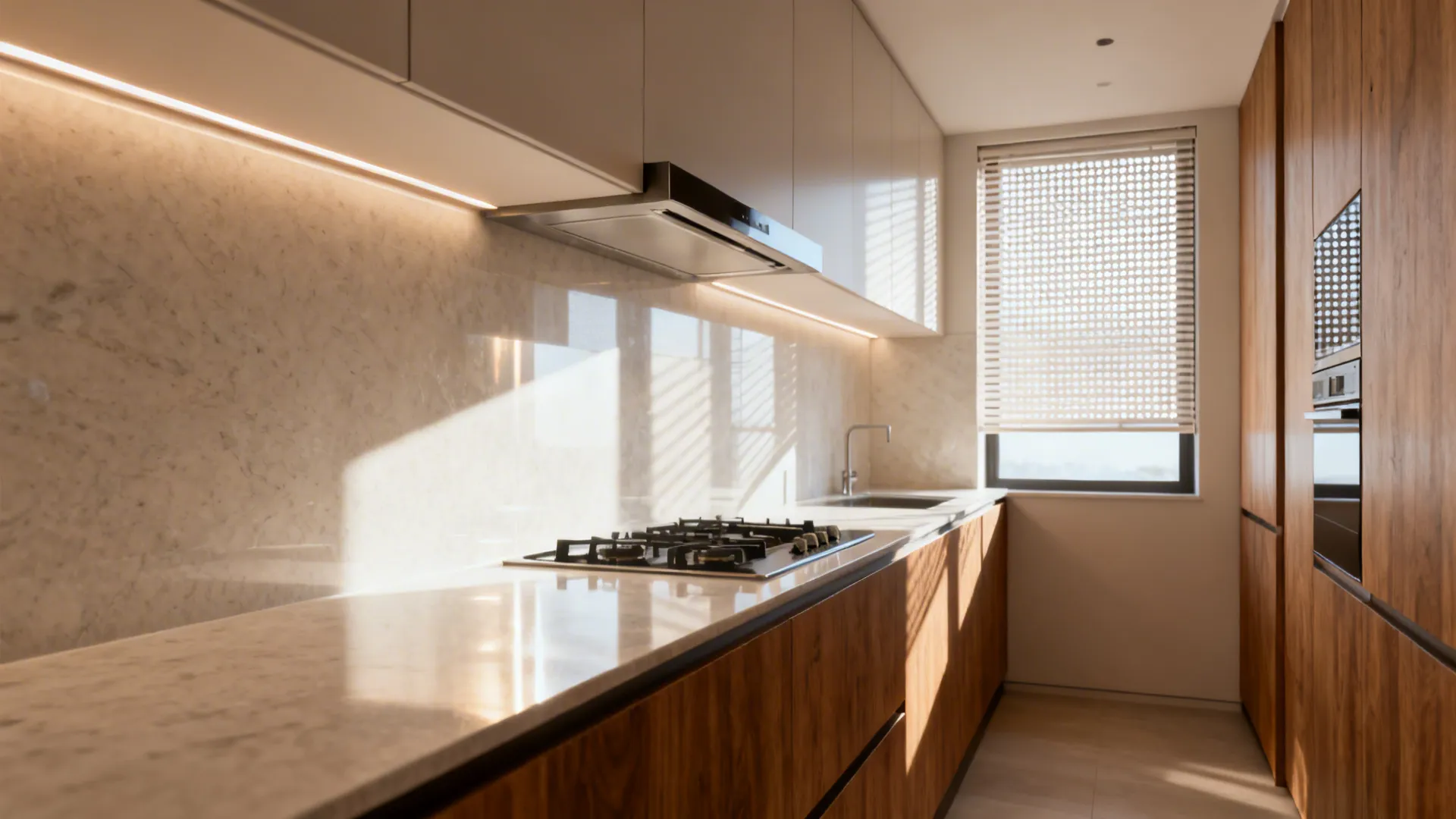 East-facing cooking station in a narrow kitchen with morning daylight and tidy task lighting.