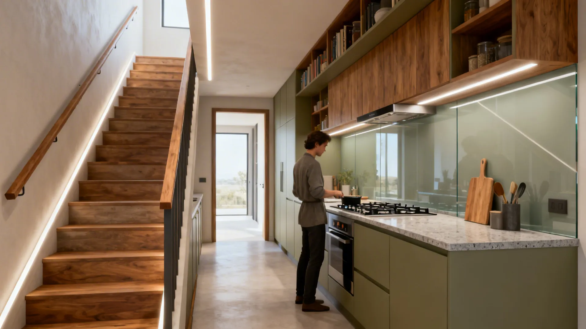 Rotated cook line facing east with clear entry views and LED under-stair lighting.