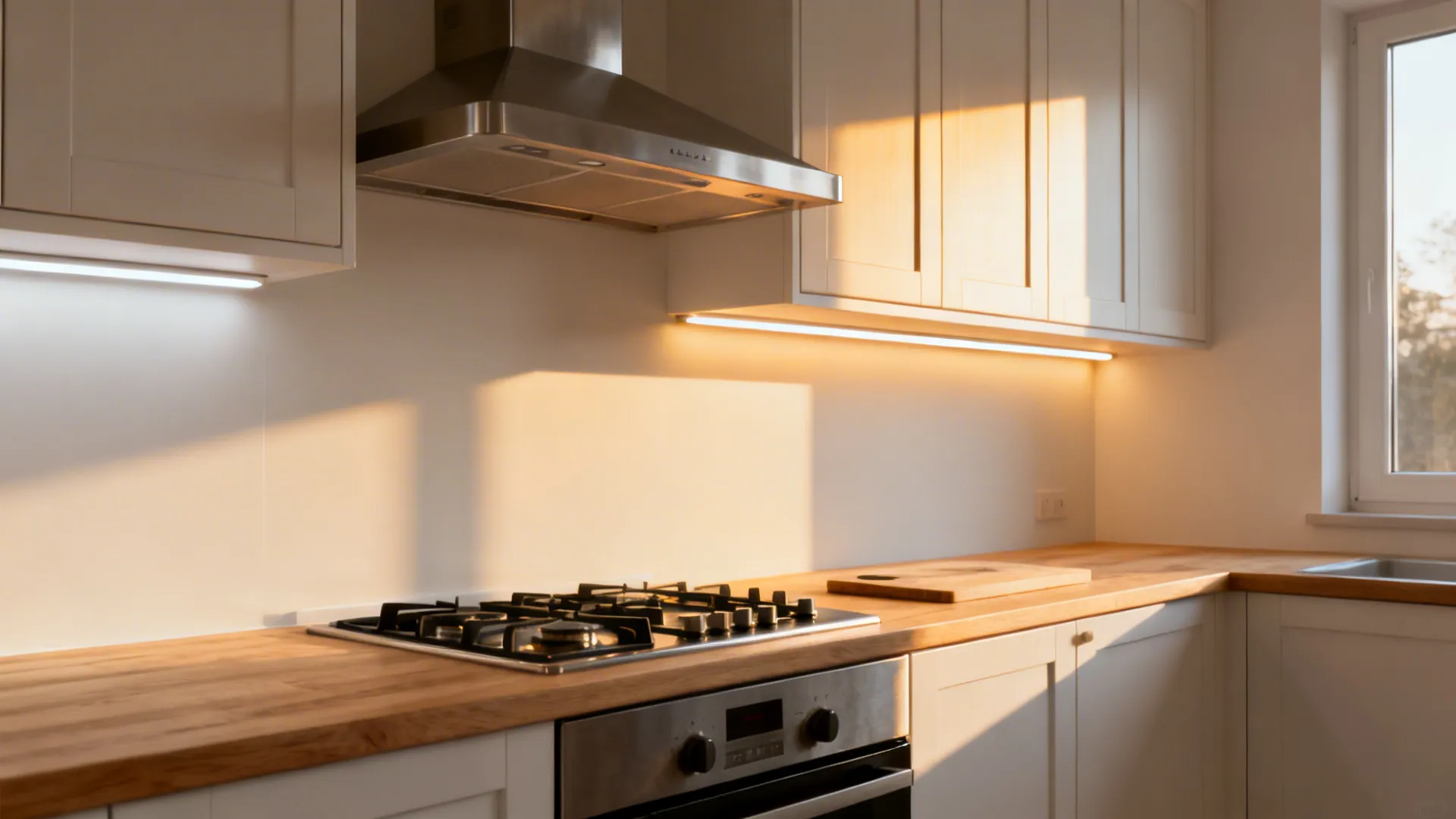East-facing cooktop with matte backsplash and warm LED under-cabinet lighting for a calm morning workflow.