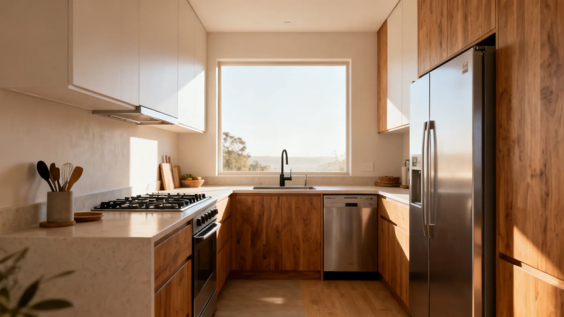 Sunlit kitchen with wooden lower cabinets white upper storage stainless steel fridge and sink under window