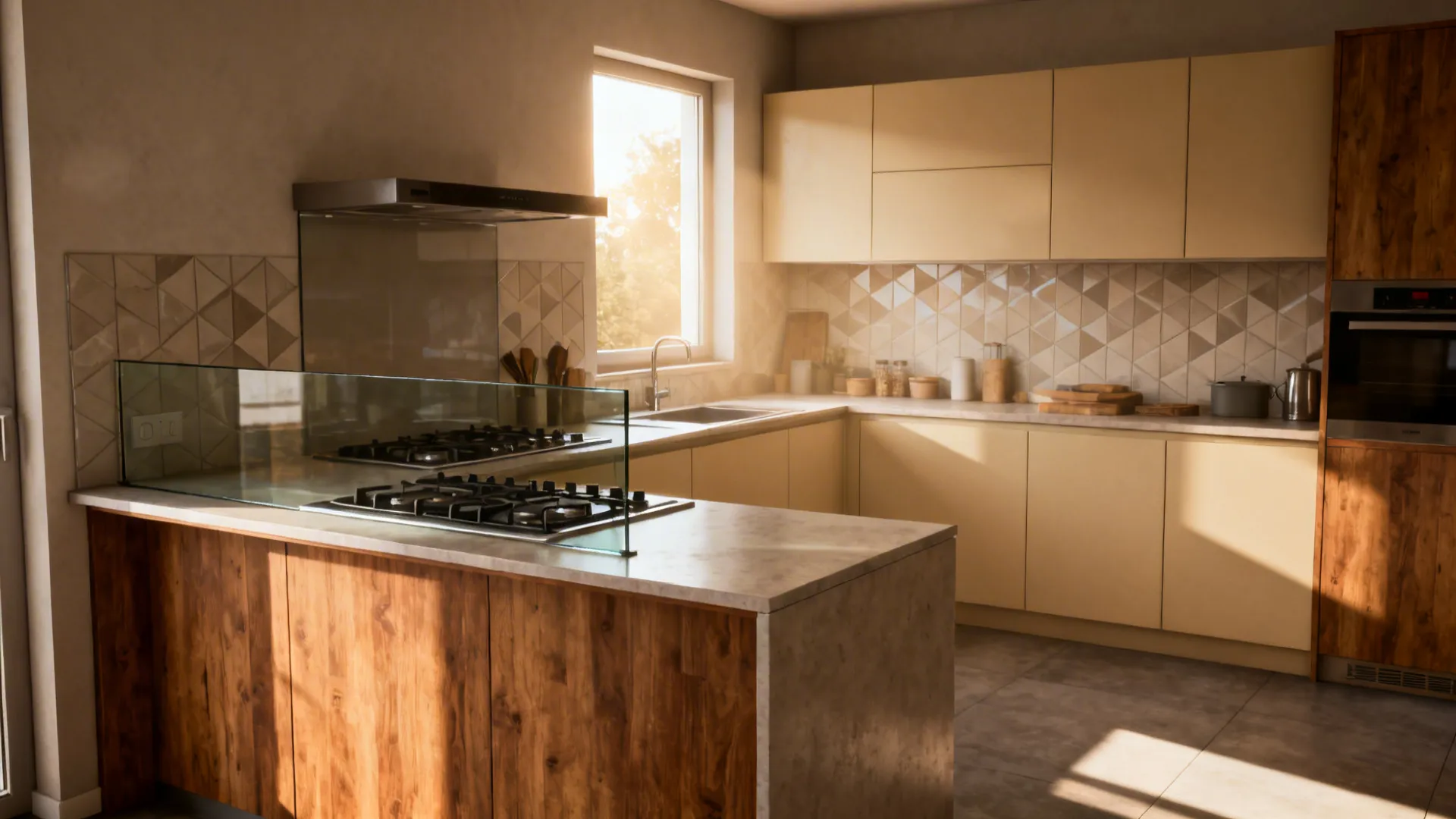 Compact kitchen with south-run hob angled for an east-facing cook and glass backsplash