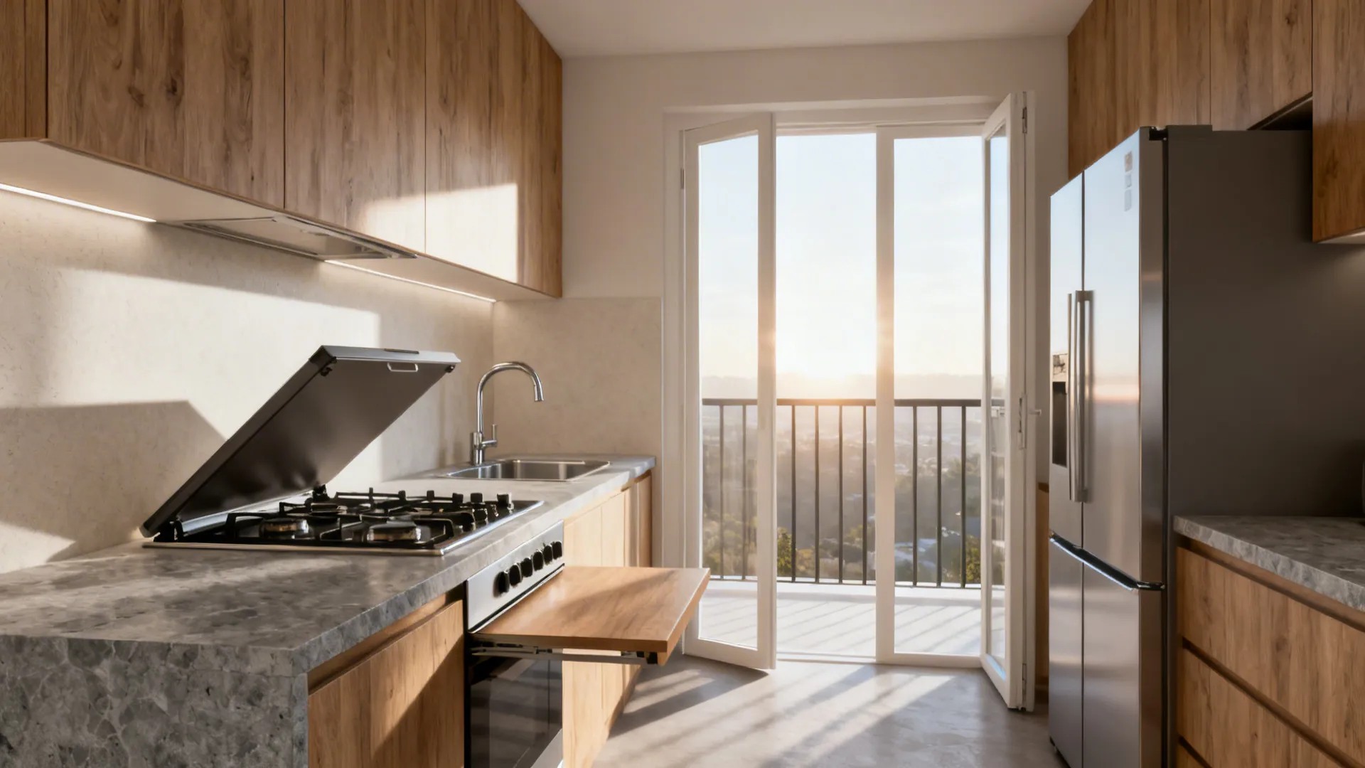 East-facing stove with balanced work triangle and a flip-up landing shelf.