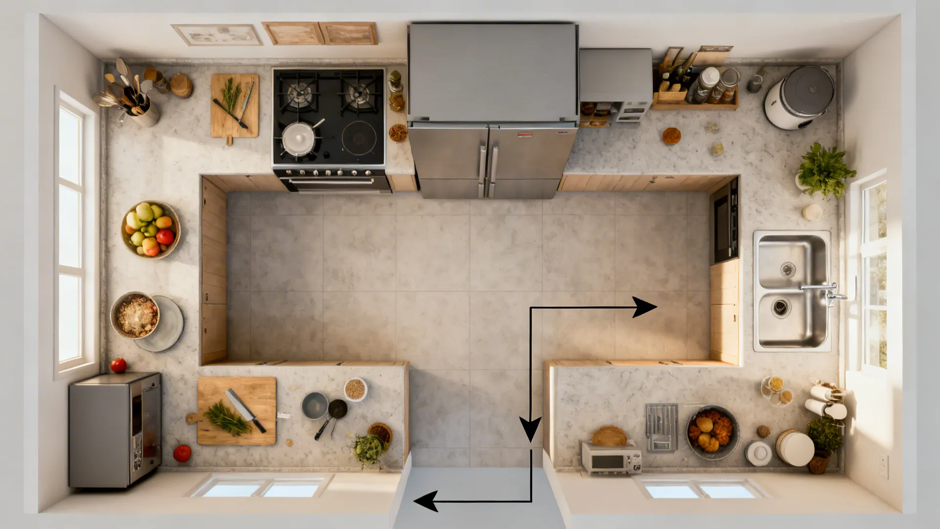 Top-down view showing east-facing cooktop orientation with a clear aisle and separated zones.