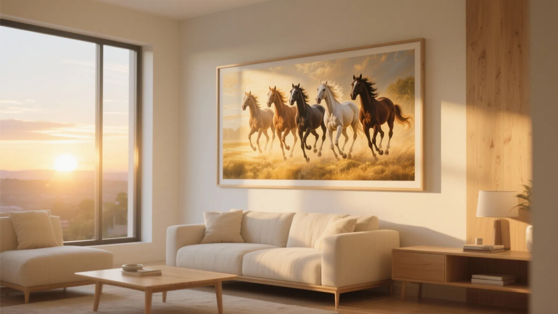 Modern living room with white sofa and large wall art showing horses running at sunset