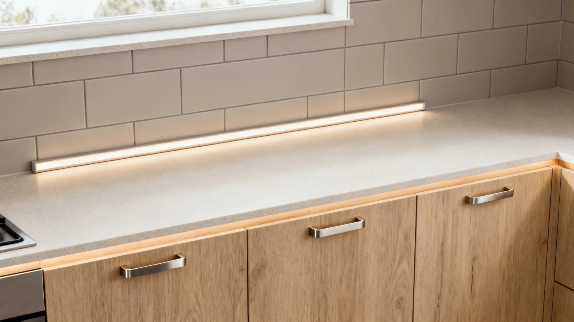 Flat lay of matte tiles, light oak, pale quartz, warm LED diffuser, and brushed steel for an east-facing kitchen.