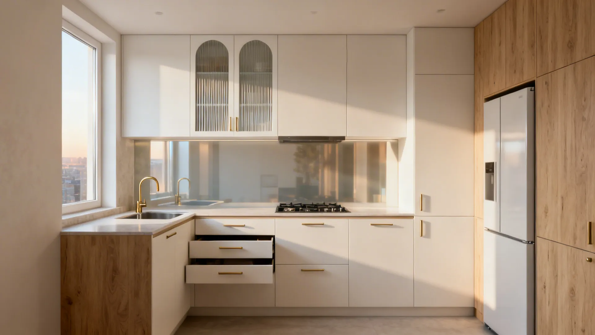 Modern kitchen with white cabinets, wood wall panels, gold faucet, open drawers, and white refrigerator