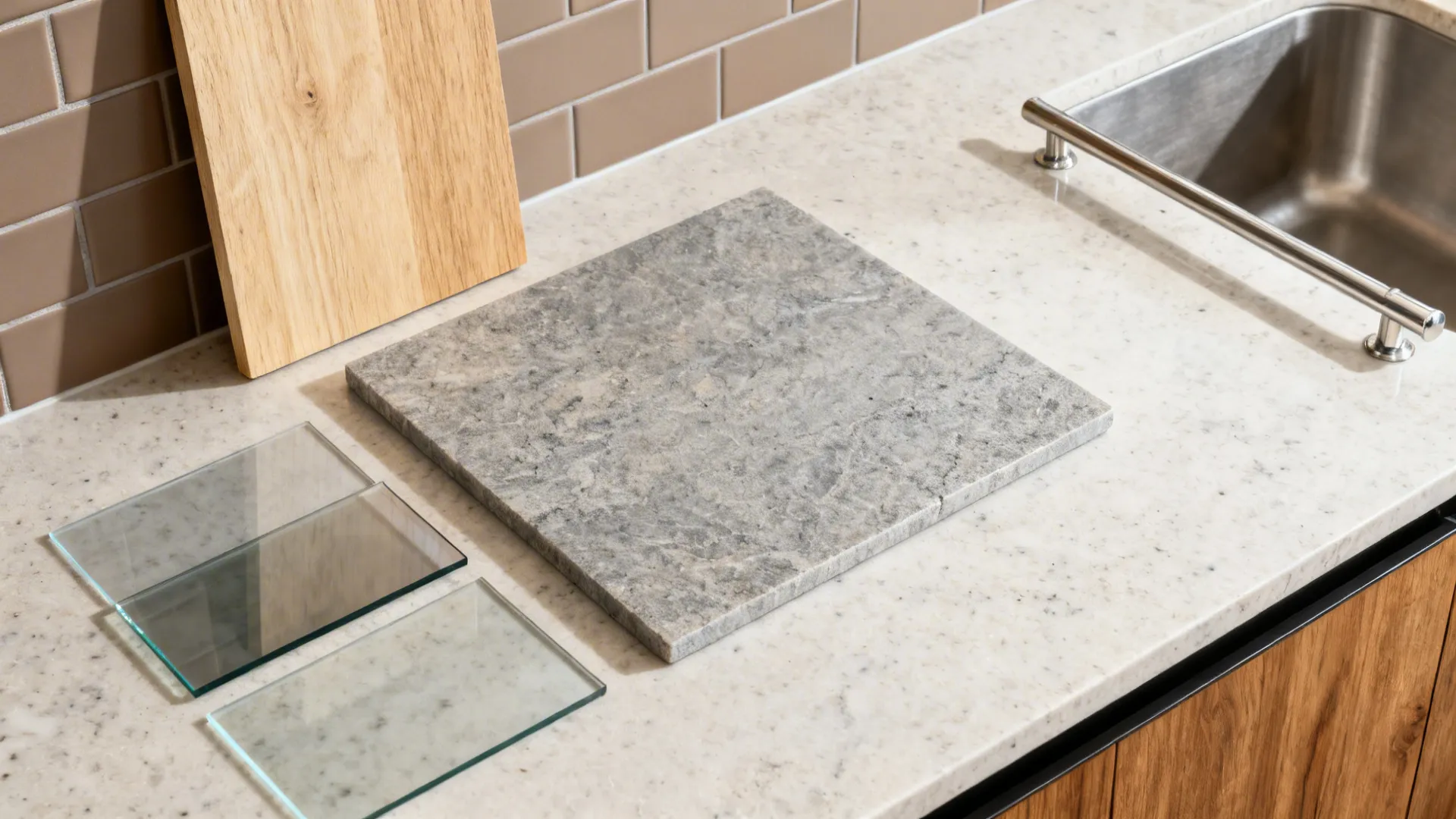 Material flat lay with matte tiles, light oak, quartz, and a stainless utensil rail.