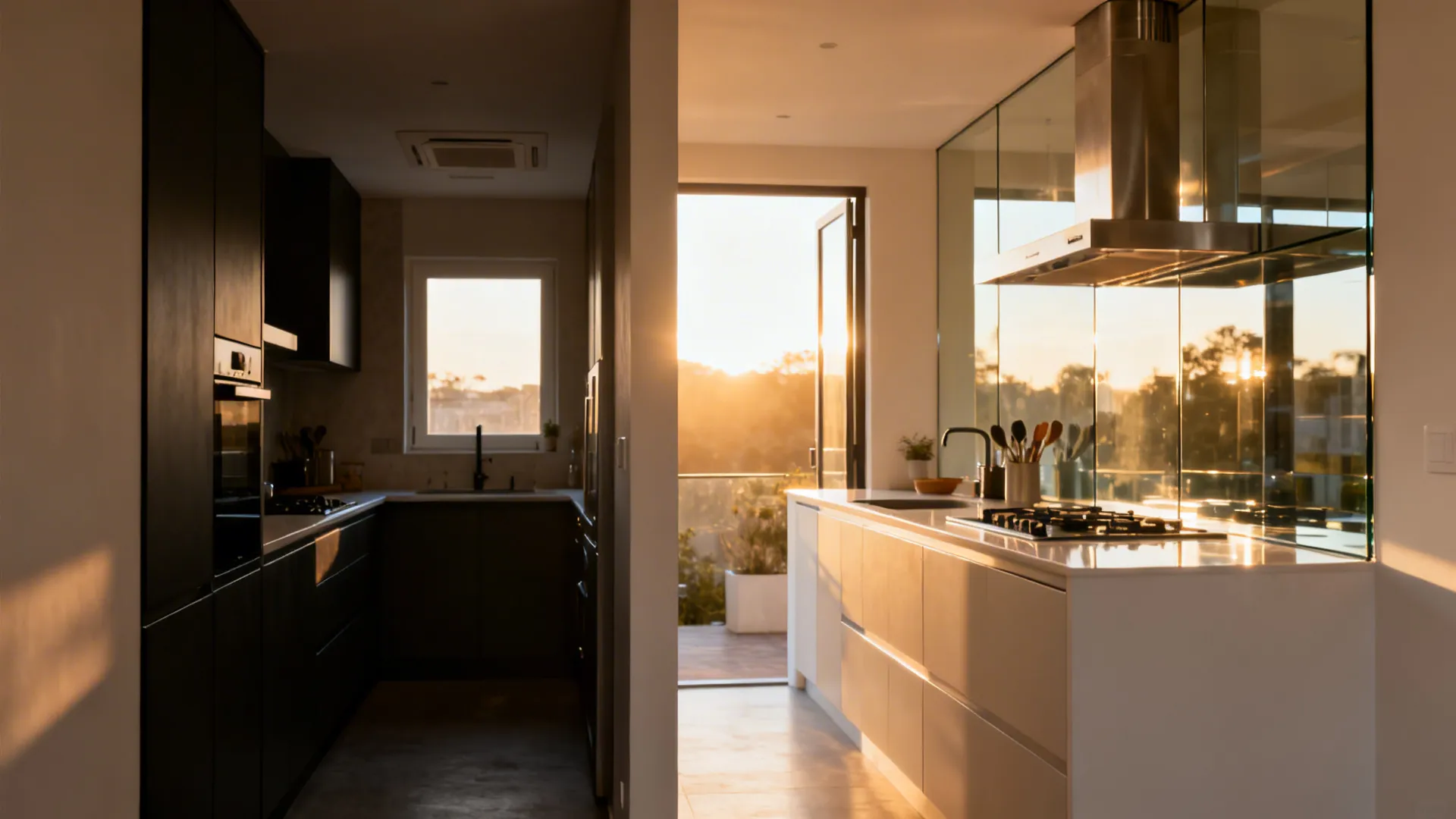 Comparison of dark kitchen area and bright white kitchen island during a sunny warm sunset
