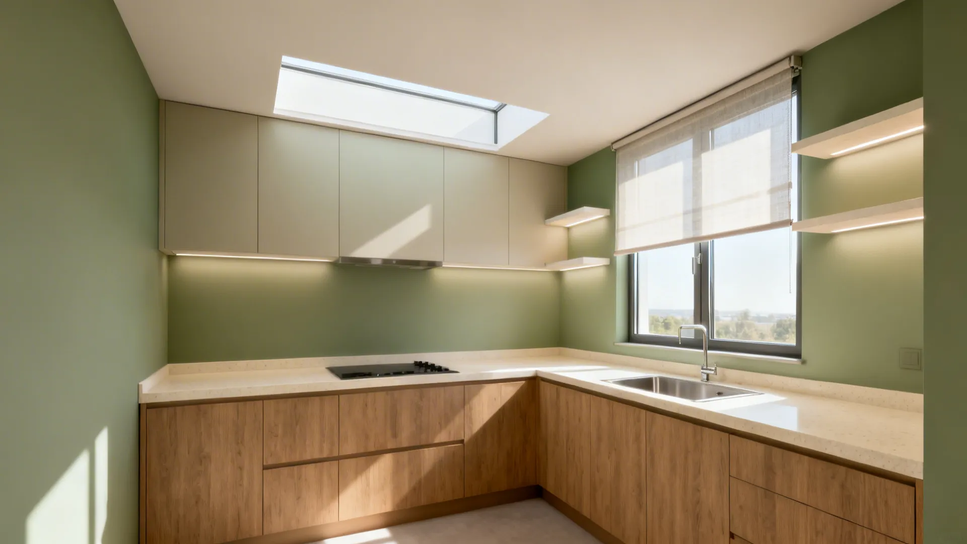 Compact kitchen with an east-facing window casting soft morning light on prep areas.