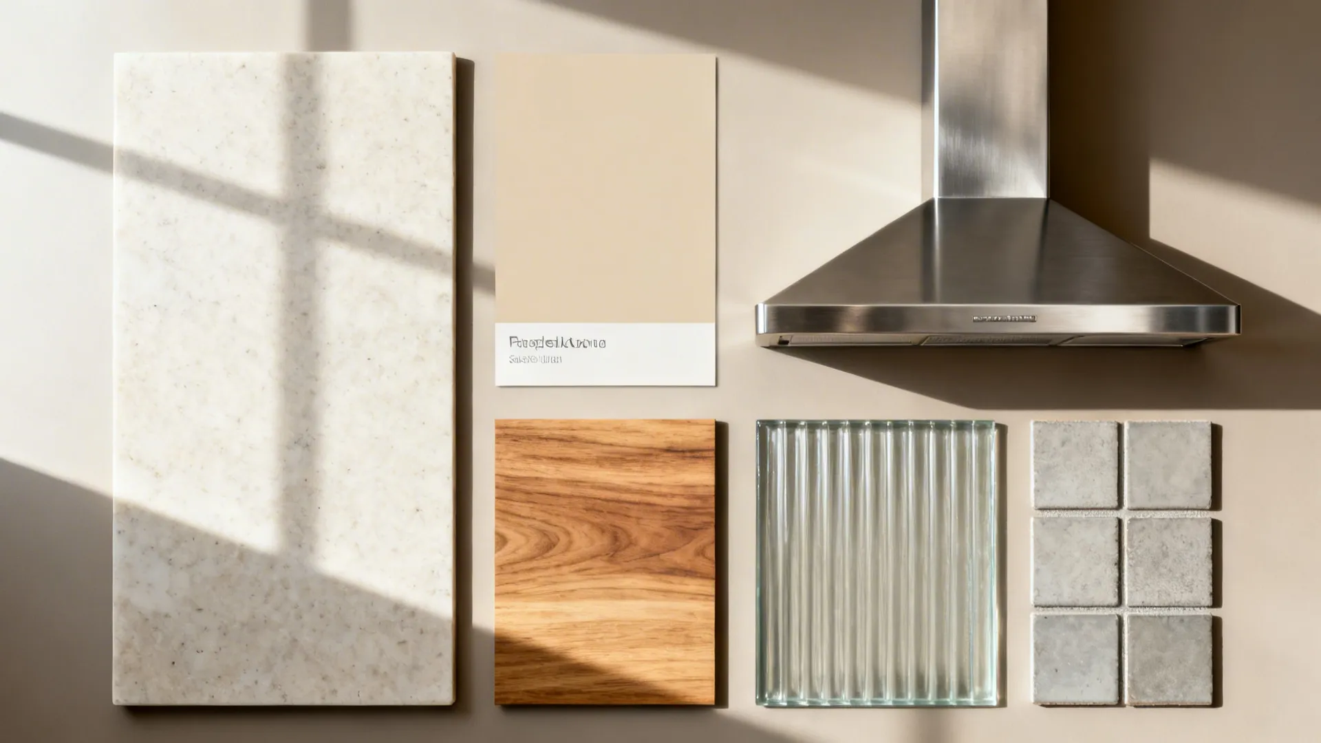 Flat lay of matte quartz, beige paint, wood veneer, ribbed glass, and stainless samples.