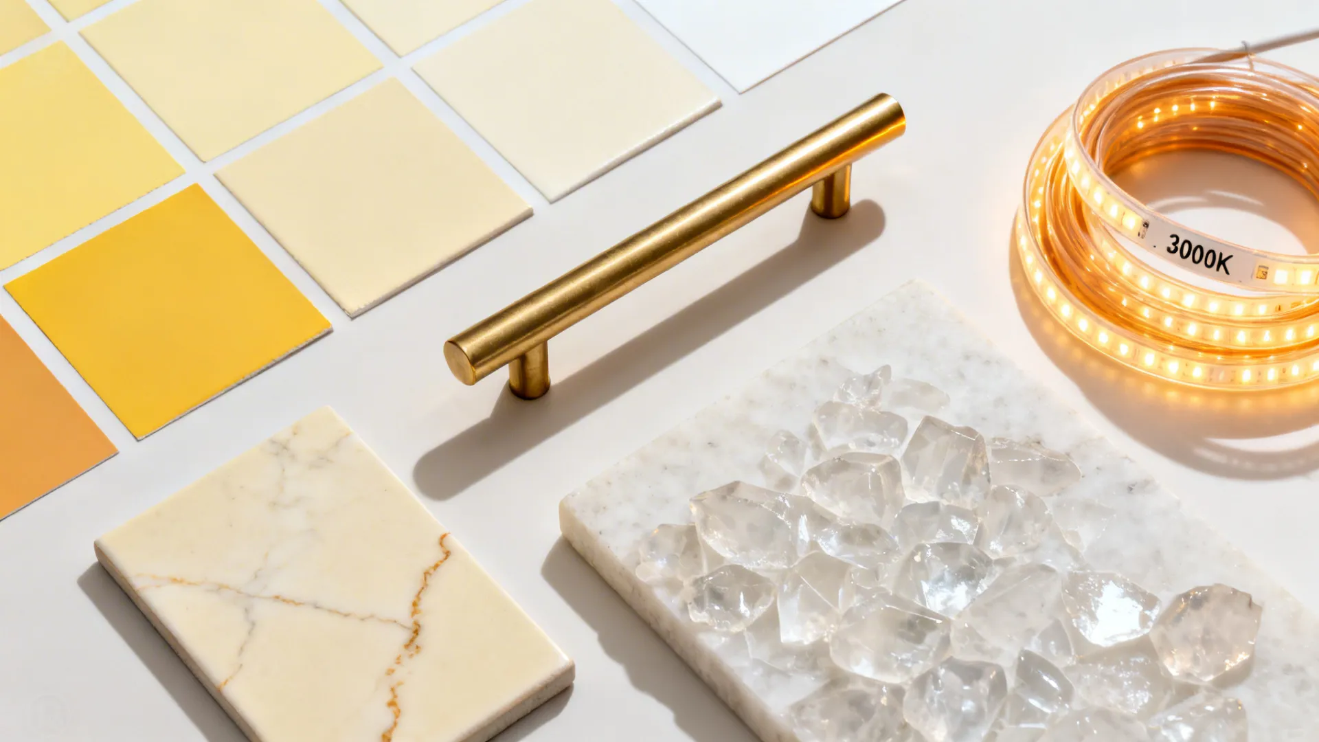 Flatlay of pale yellow and cream swatches with brass hardware and cream veined tile.