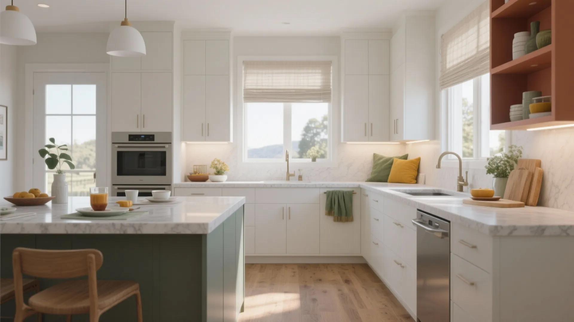 Modern white kitchen interior design with marble countertop wooden floor green island and natural window light