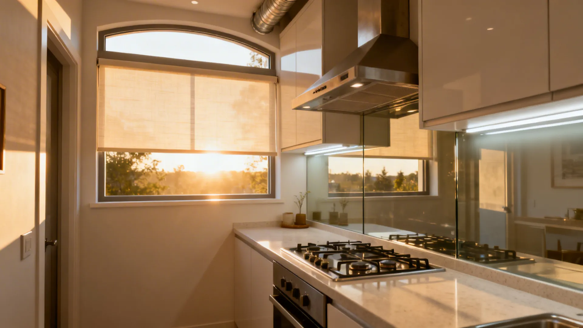 Modern kitchen with gas stove and white cabinets during sunrise with golden light from window