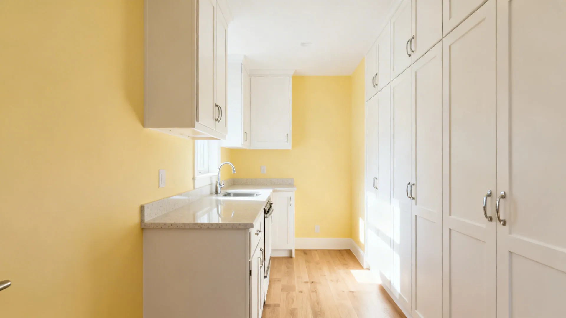 East-facing kitchen with pale yellow walls, white shaker cabinets, and morning light.