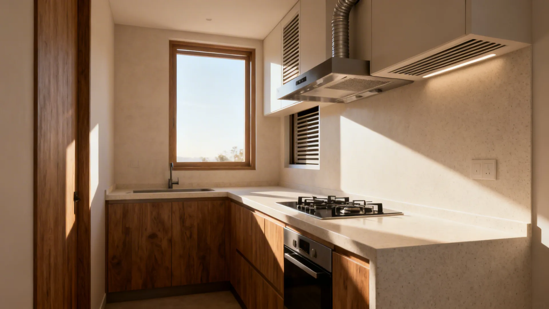 East-facing prep counter with soft morning light and a vented hood in a compact kitchen.