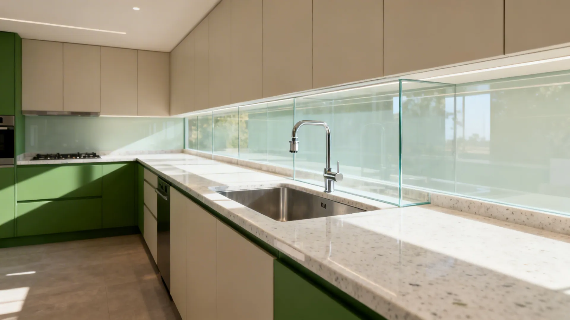 East-facing sink in a galley kitchen with airy glass backsplash and clear wet-dry zoning.