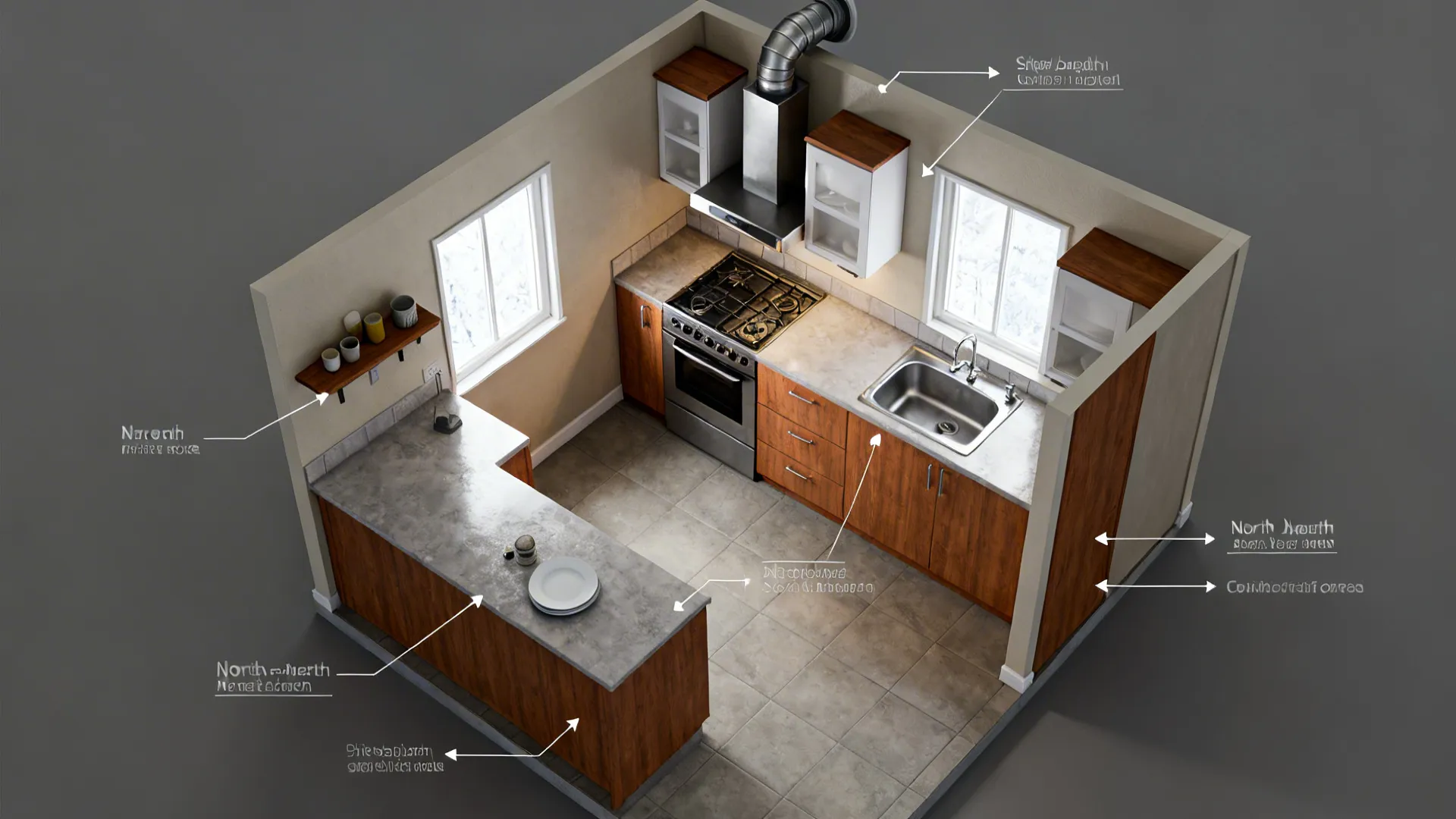 Top-down L-shaped layout with an east-facing cooktop and a north-side sink.
