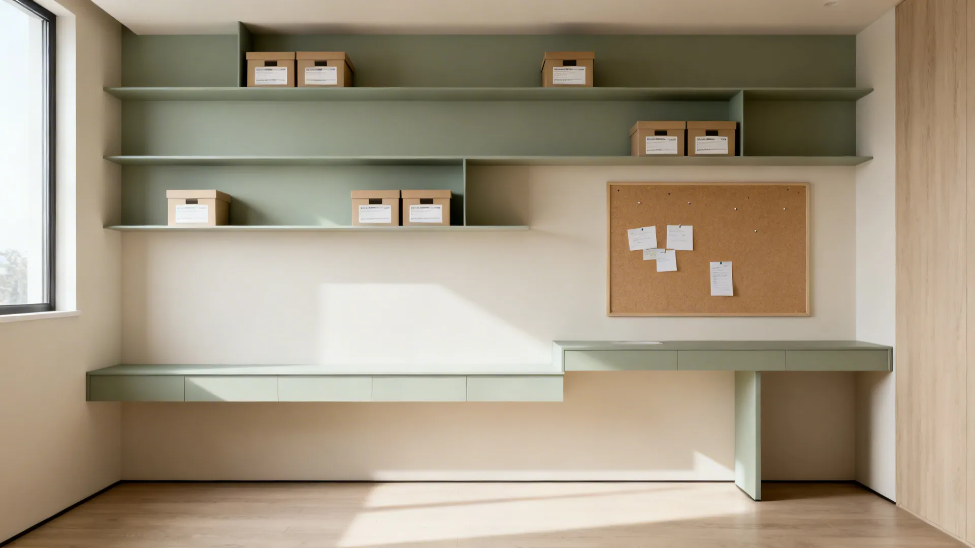 Decluttered east wall with dusty sage accent, floating shelves, and a tidy pinboard.