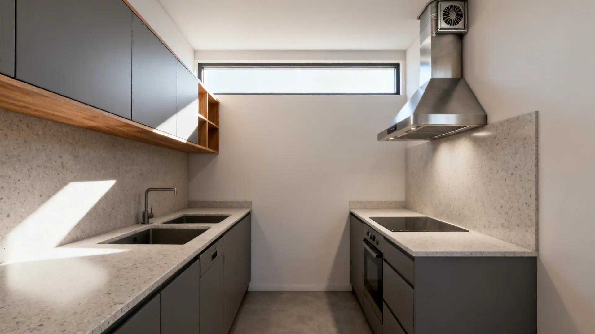 Compact kitchen with an east clerestory window and ducted hood for effective ventilation.