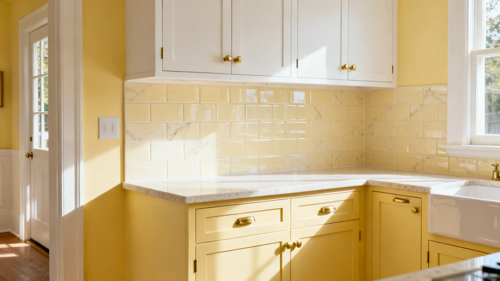 East-facing kitchen with pale yellow walls, creamy veined backsplash, and brass pulls in morning light.