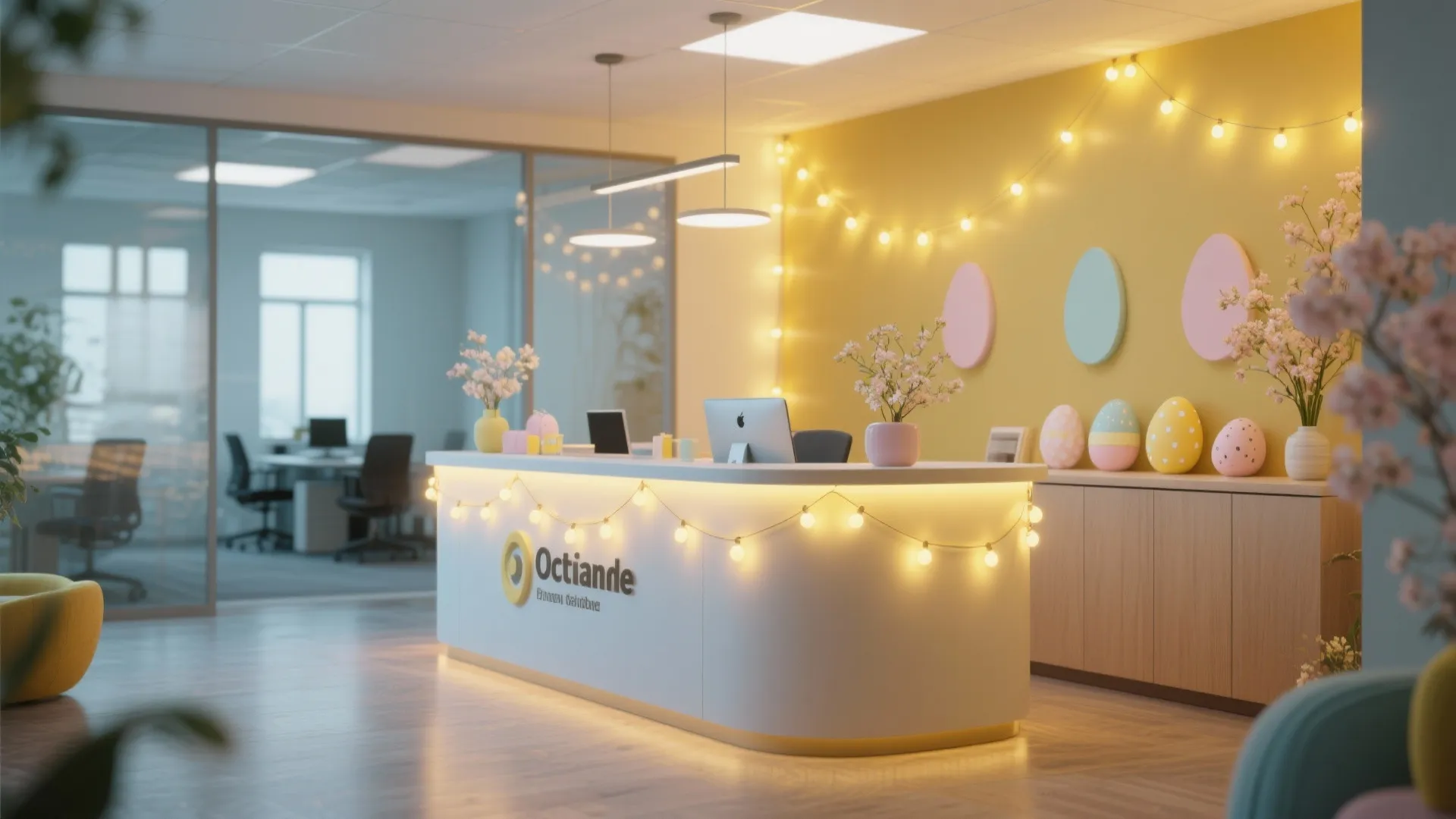 Office reception desk with yellow wall string lights egg decorations and white counter in room