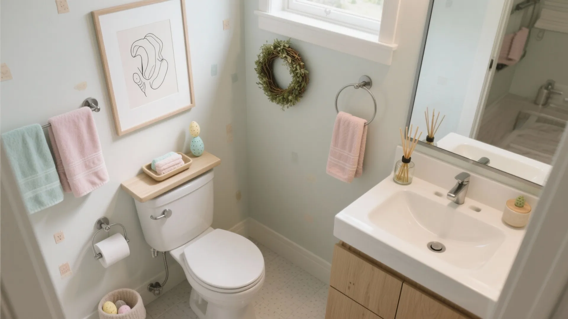 Top-down view of a tiny bathroom plan with pastel accents, tray vignette, wreath on mirror, and moisture-safe materials.