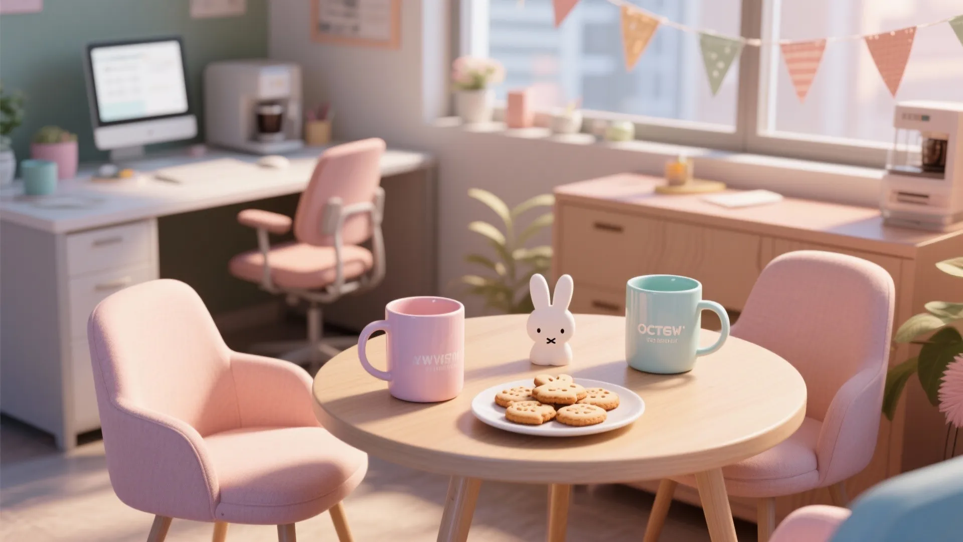 Pink chairs around a small wooden table with coffee mugs and bunny cookies in office