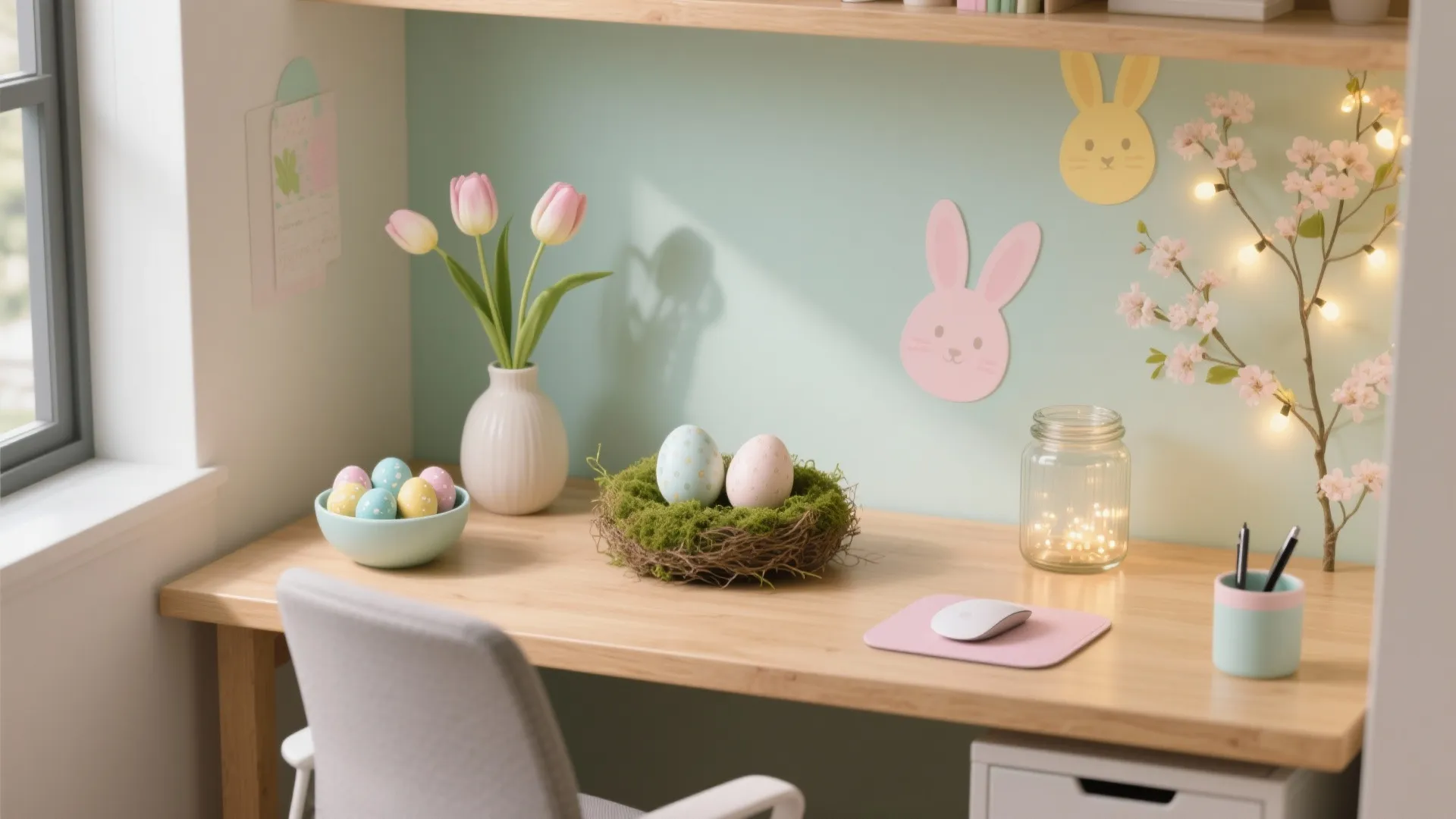 Wooden desk with Easter bunny wall stickers eggs in nest pink flowers and white computer mouse