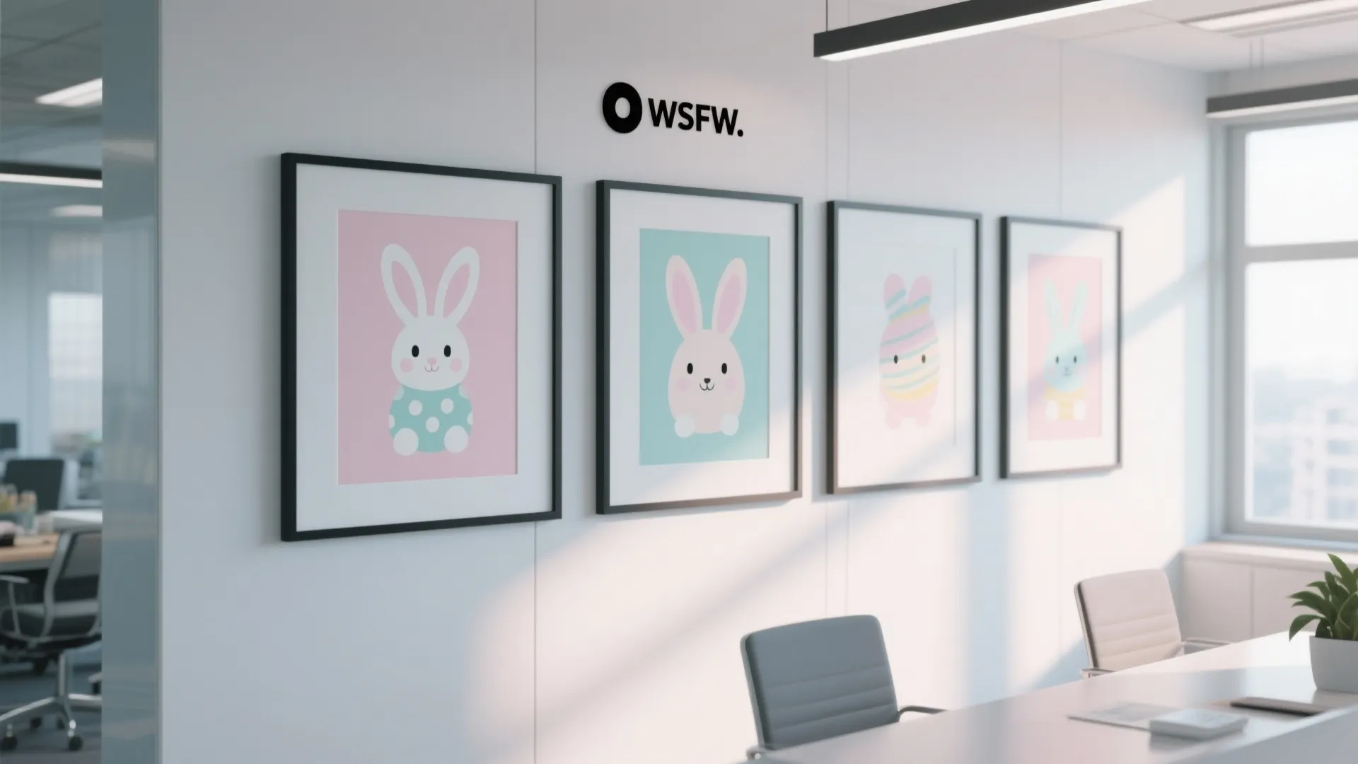 Four framed bunny pictures hanging on a white wall in a modern office meeting room