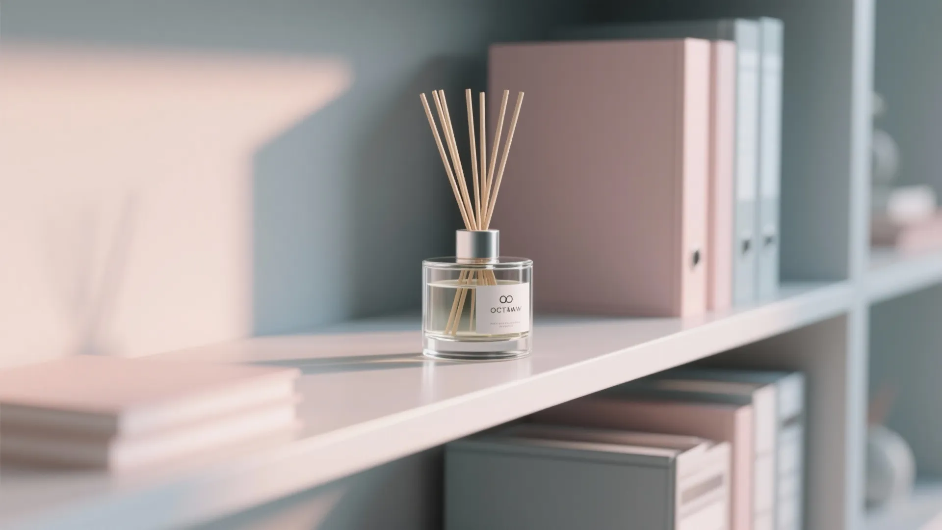 Glass scent diffuser with wooden sticks placed on a white shelf with pink storage folders