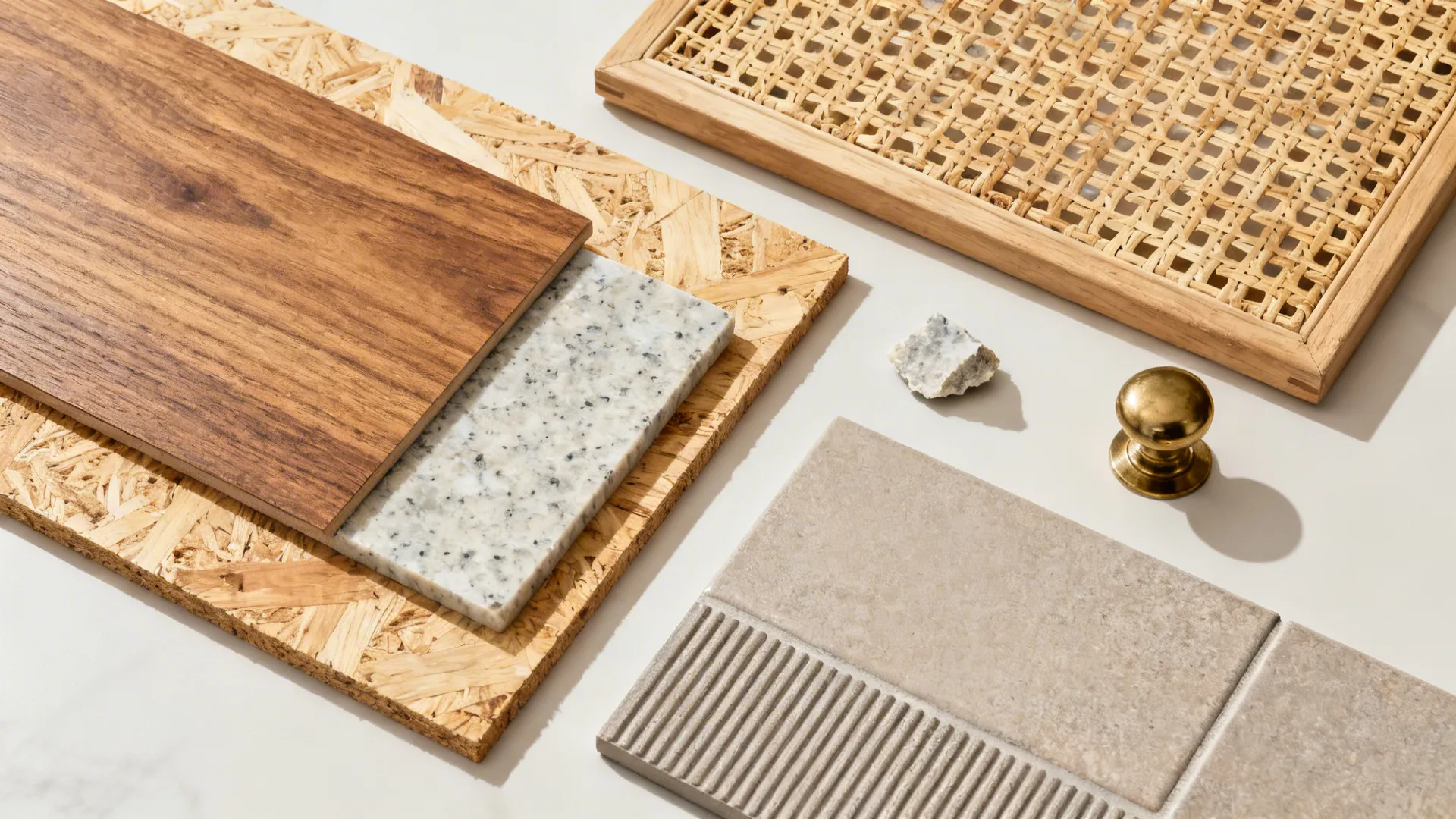 Flat lay of teak laminate on marine plywood, quartz chip, rattan panel, vitrified tile, and brass knob on warm backdrop.