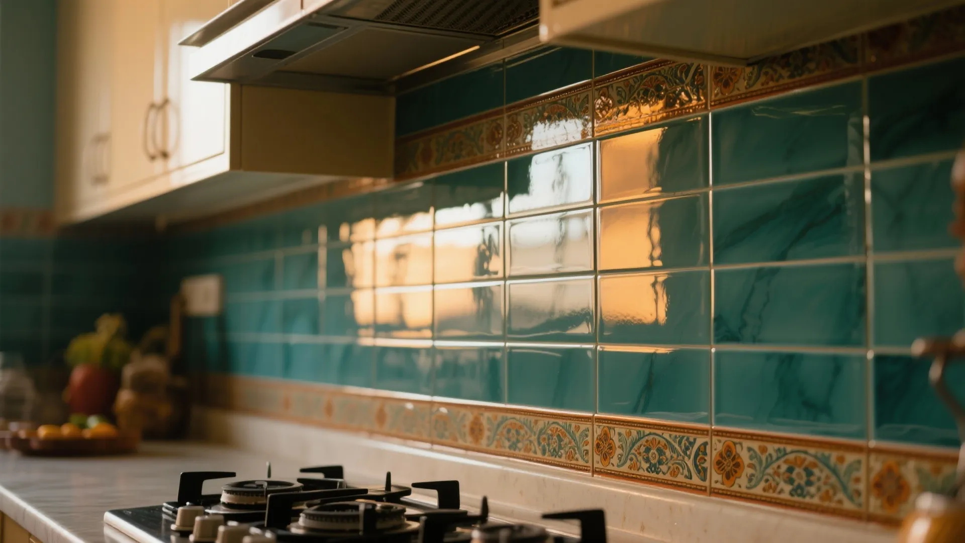Close up of glossy teal green kitchen wall tiles with decorative orange borders and stove