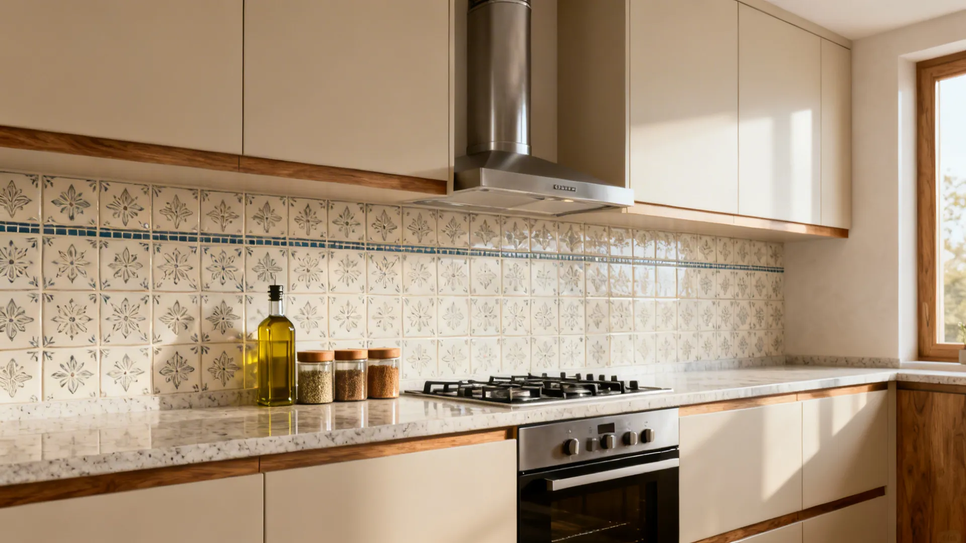 Heat-resistant patterned tile or glass backsplash behind a hob with a chimney hood.