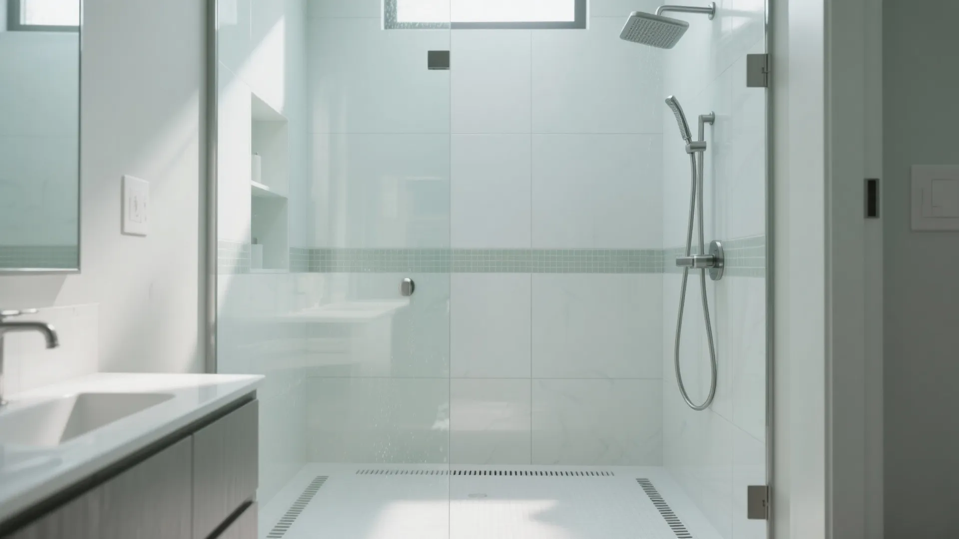 Wide-angle view of a modern shower with large-format tiles, linear drain, niche, glass panel, and visible ventilation for faster drying.