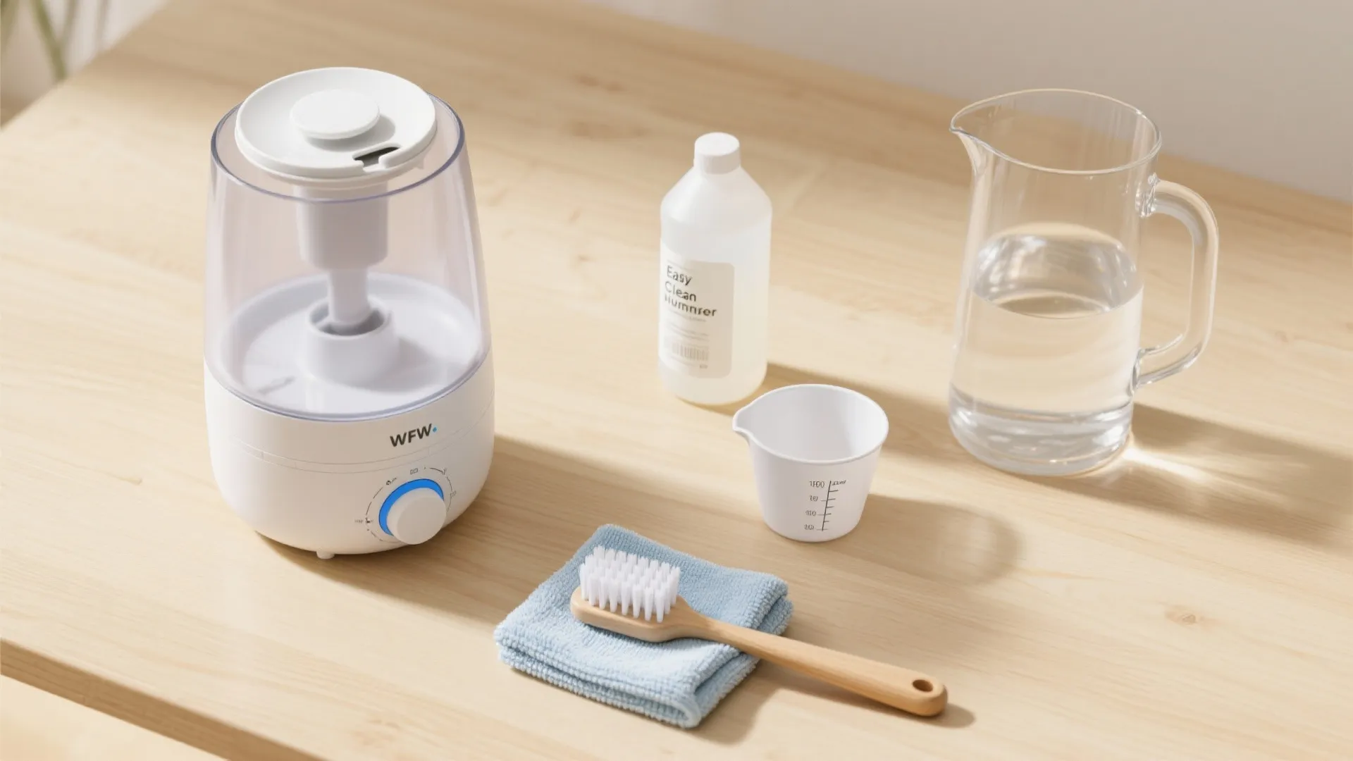 Top-down flat lay of wide-mouth tank, vinegar, brush, and distilled water for cleaning.