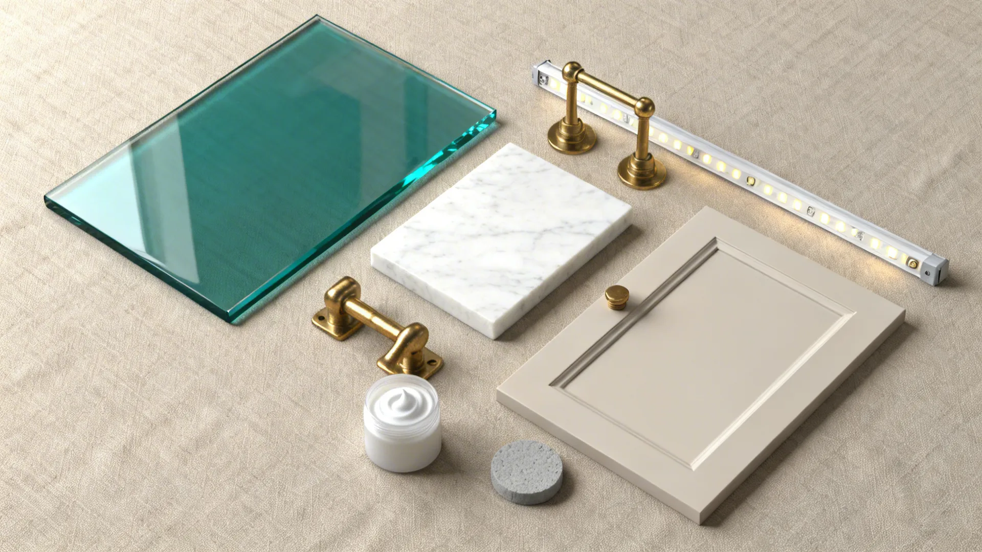 Flatlay with teal glass, white quartz, brass hardware, and light-ash cabinet swatch for easy-clean design.